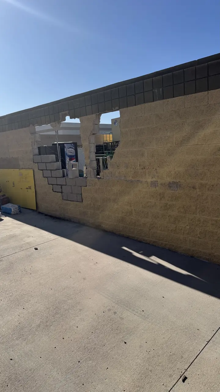 Commercial CMU wall reconstruction in progress in Peoria Arizona